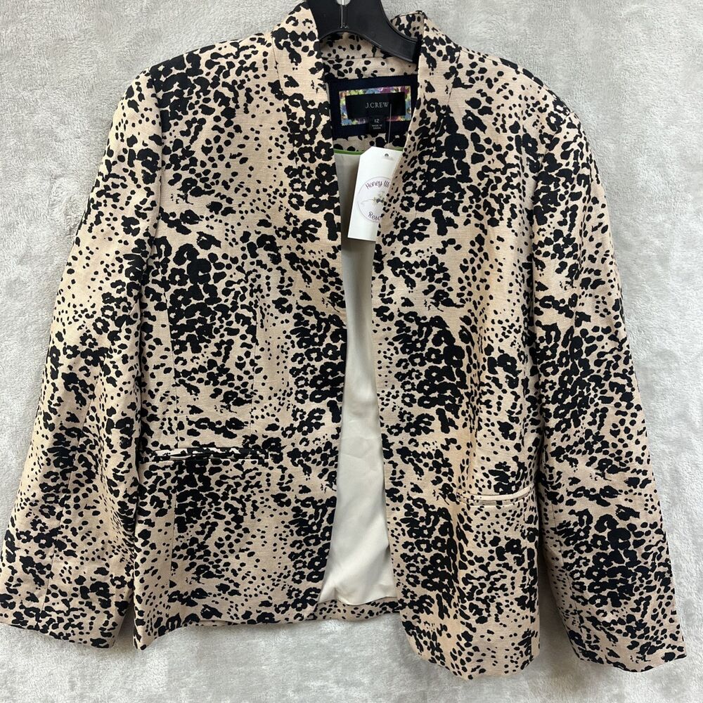 J. Crew Blazer Women’s 12 L Animal Print Open Front Linen Lyocell‎ Polka Dot